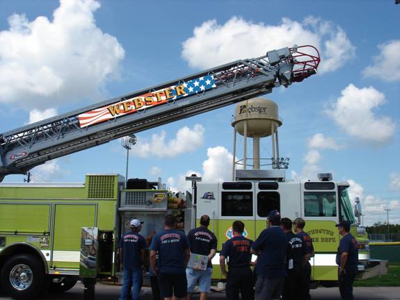 Fire truck with ladder extended